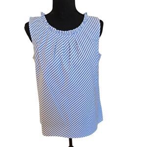 Talbots Womens Sea Breeze Blue White Ruffle Neck Cotton Sleeveless Top Small
